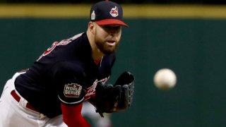 Corey Kluber #28 of the Cleveland Indians throws a pitch against the Chicago Cubs during the first inning in Game One of the 2016 World Series at Progressive Field on October 25, 2016 in Cleveland, Ohio.