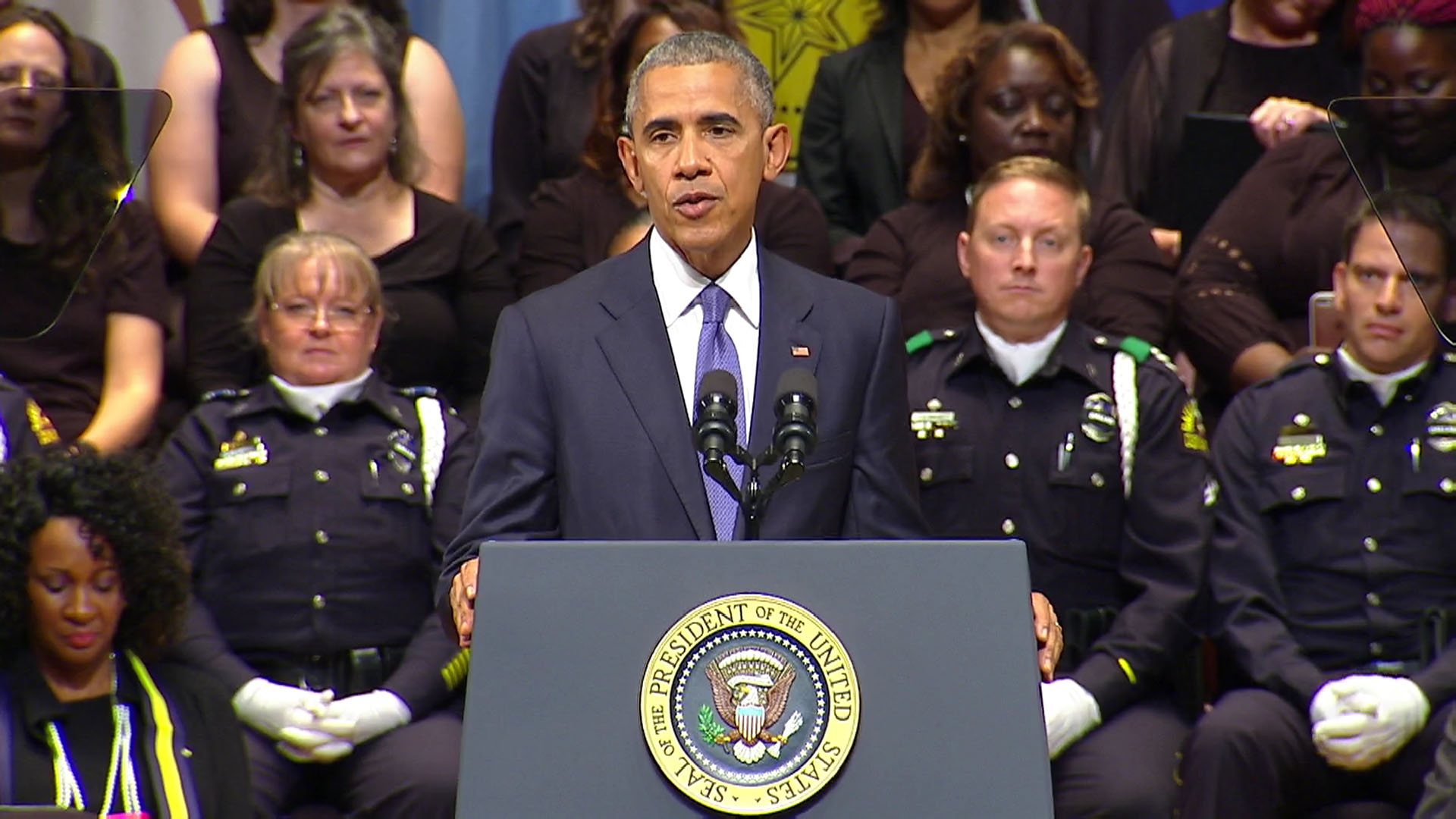 President Barack Obama addresses Dallas at the interfaith tribute honoring the lives of fallen officers.