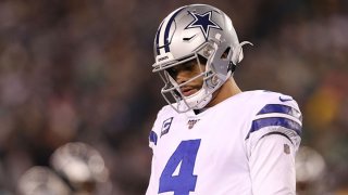 Dak Prescott #4 of the Dallas Cowboys reacts during the first half against the Philadelphia Eagles in the game at Lincoln Financial Field on Dec. 22, 2019 in Philadelphia, Pennsylvania.