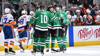 Corey Perry #10, Alexander Radulov #47 and the Dallas Stars celebrate a goal against the New York Islanders at the American Airlines Center on Dec. 7, 2019 in Dallas, Texas.