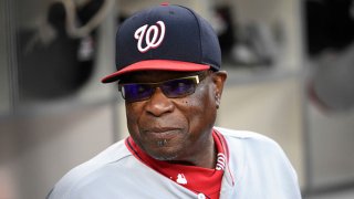 Dusty Baker #12 of the Washington Nationals looks on before a baseball game against the San Diego Padres at PETCO Park on Aug. 18, 2017 in San Diego, California.