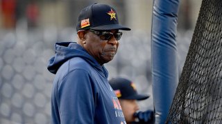 Manager Dusty Baker Jr. #12 of the Houston Astros looks on prior to the spring training game against the Washington Nationals at FITTEAM Ballpark of the Palm Beaches on Feb. 22, 2020 in West Palm Beach, Florida.