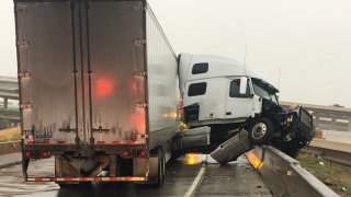 A jack-knifed 18-wheeler on I-635 near SH 114 shut down the highway Saturday morning.
