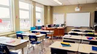 Empty elementary classroom during recess. Interactive whiteboard at the side of teacher’s desk. Horizontal indoors full length shot with copy space.