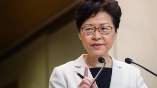 In this Aug. 27, 2019, file photo, Hong Kong Chief Executive Carrie Lam speaks at a press conference in Hong Kong.