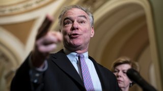 Senator Tim Kaine, a Democrat from Virginia, speaks during a news conference after a weekly caucus meeting at the U.S. Capitol in Washington, D.C., U.S., on Tuesday, Jan. 14, 2020.