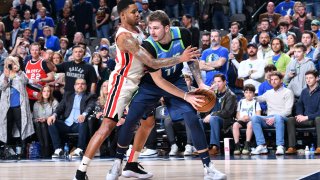 Luka Doncic #77 of the Dallas Mavericks handles the ball against the Portland Trail Blazers on January 17, 2020 at the American Airlines Center in Dallas.