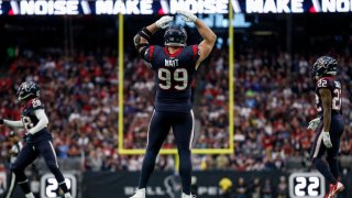 J.J. Watt #99 of the Houston Texans reacts in the first half of the AFC Wild Card Playoff game against the Buffalo Bills at NRG Stadium on January 04, 2020 in Houston, Texas.