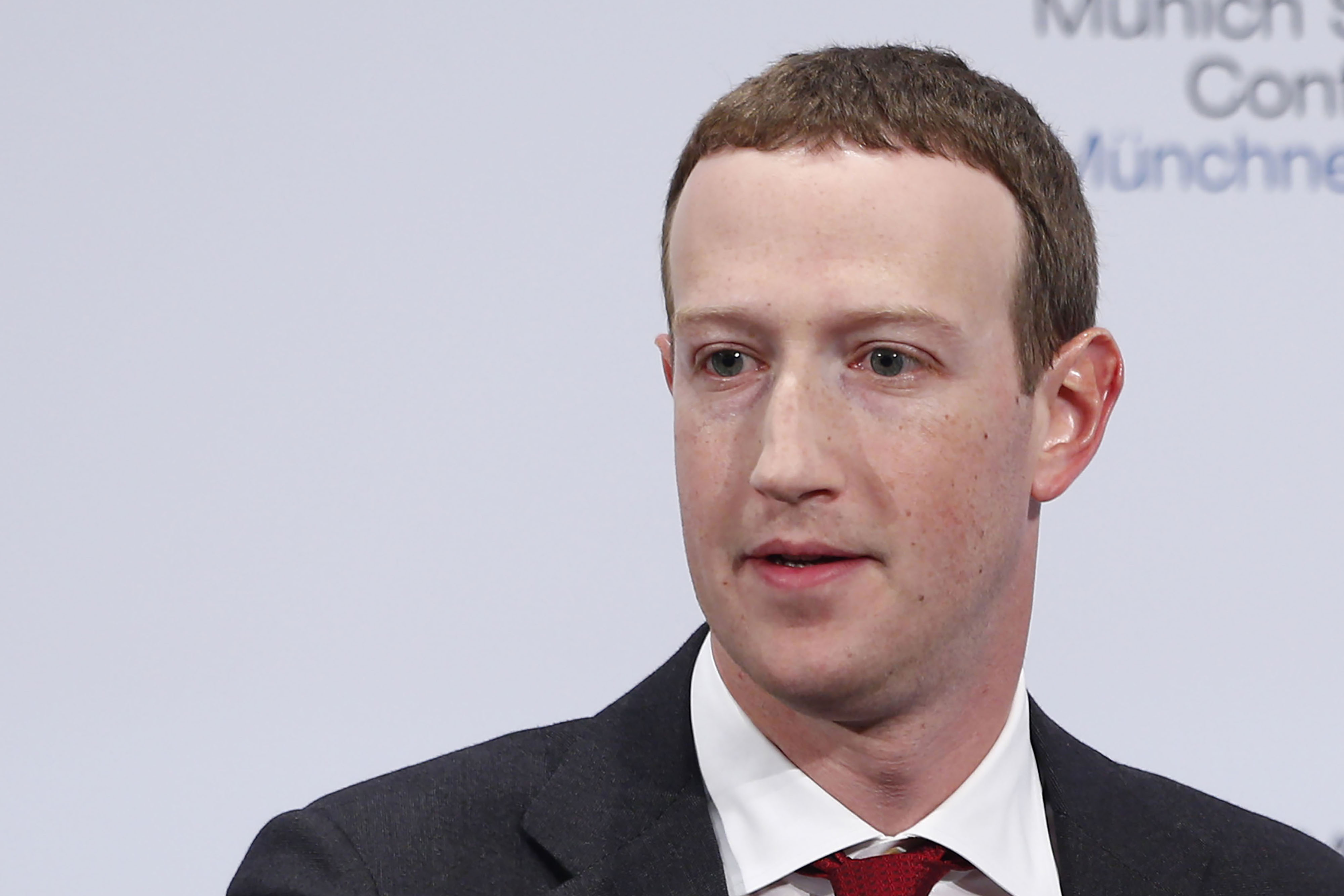 Mark Zuckerberg speaks during the Munich Security Conference at the Bayerischer Hof hotel in Munich, Germany, on Feb. 15, 2020.