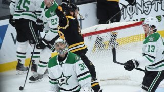 David Pastrnak #88 of the Boston Bruins celebrates a third period goal against the Dallas Stars at the TD Garden on February 27, 2020 in Boston, Massachusetts.