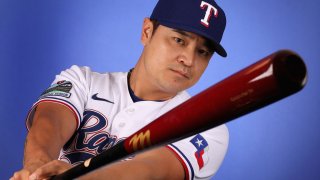 Shin-Soo Choo #17 of the Texas Rangers poses for a portrait during MLB media day on February 19, 2020 in Surprise, Arizona.