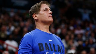 Owner Mark Cuban of the Dallas Mavericks reacts against the Miami Heat during the second half at American Airlines Arena on February 28, 2020 in Miami, Florida.