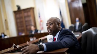 In this June 10, 2020, file photo, Sen. Tim Scott, a Republican from South Carolina, speaks during a Senate Small Business and Entrepreneurship Committee hearing in Washington, D.C.