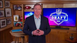 In this April 23, 2020, image from video provided by the NFL, NFL Commissioner Roger Goodell speaks from his home in Bronxville, New York, during the first round of the 2020 NFL Draft.