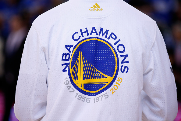 OAKLAND, CA - OCTOBER 27: A view of a Golden State Warriors warmup jacket prior to the NBA season opener against the New Orleans Pelicans at ORACLE Arena on October 27, 2015 in Oakland, California. NOTE TO USER: User expressly acknowledges and agrees that, by downloading and or using this photograph, User is consenting to the terms and conditions of the Getty Images License Agreement. (Photo by Ezra Shaw/Getty Images)