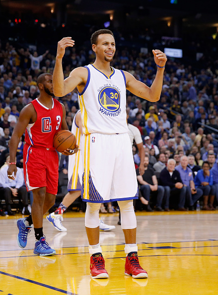 OAKLAND, CA - NOVEMBER 04: Stephen Curry #30 of the Golden State Warriors complains after being called for his second foul in the first period of their game against the Los Angeles Clippers at ORACLE Arena on November 4, 2015 in Oakland, California. NOTE TO USER: User expressly acknowledges and agrees that, by downloading and or using this photograph, User is consenting to the terms and conditions of the Getty Images License Agreement. (Photo by Ezra Shaw/Getty Images)