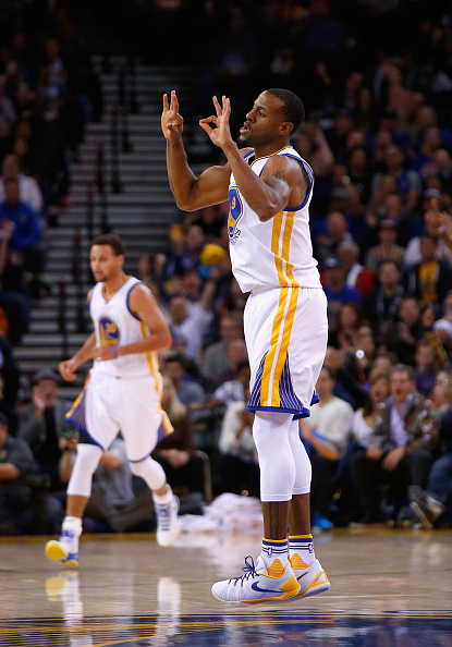 OAKLAND, CA - NOVEMBER 09: Andre Iguodala #9 of the Golden State Warriors reacts after making a three-point basket against the Detroit Pistons at ORACLE Arena on November 9, 2015 in Oakland, California. NOTE TO USER: User expressly acknowledges and agrees that, by downloading and or using this photograph, User is consenting to the terms and conditions of the Getty Images License Agreement. (Photo by Ezra Shaw/Getty Images)