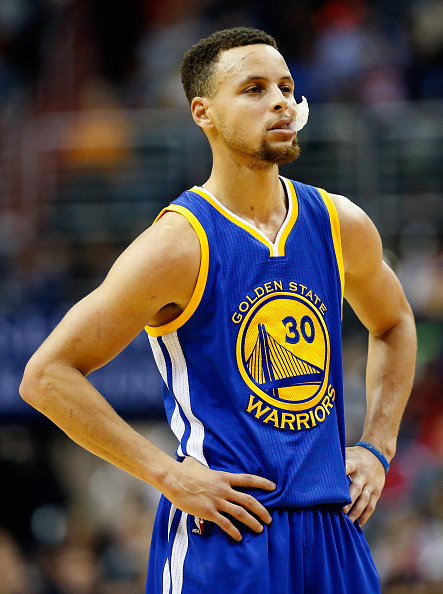 WASHINGTON, DC - FEBRUARY 03: Stephen Curry #30 of the Golden State Warriors looks on against the Washington Wizards in the first half at Verizon Center on February 3, 2016 in Washington, DC. NOTE TO USER: User expressly acknowledges and agrees that, by downloading and or using this photograph, User is consenting to the terms and conditions of the Getty Images License Agreement. (Photo by Rob Carr/Getty Images)
