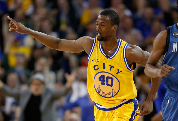 OAKLAND, CA - APRIL 05: Harrison Barnes #40 of the Golden State Warriors reacts after he made a three-point basket against the Minnesota Timberwolves at ORACLE Arena on April 5, 2016 in Oakland, California. NOTE TO USER: User expressly acknowledges and agrees that, by downloading and or using this photograph, User is consenting to the terms and conditions of the Getty Images License Agreement. (Photo by Ezra Shaw/Getty Images)
