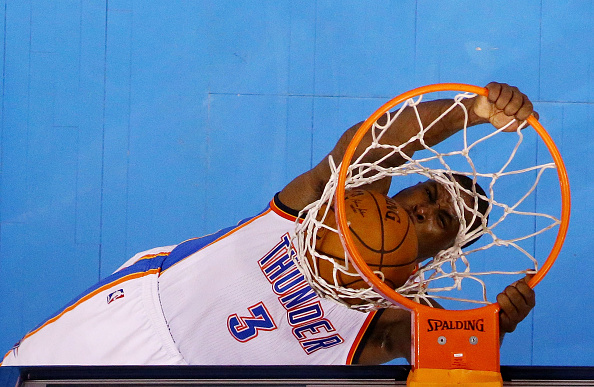 OKLAHOMA CITY, OK - MAY 22: Dion Waiters #3 of the Oklahoma City Thunder dunks in the first half against the Golden State Warriors in game three of the Western Conference Finals during the 2016 NBA Playoffs at Chesapeake Energy Arena on May 22, 2016 in Oklahoma City, Oklahoma. NOTE TO USER: User expressly acknowledges and agrees that, by downloading and or using this photograph, User is consenting to the terms and conditions of the Getty Images License Agreement. (Photo by Ronald Martinez/Getty Images)
