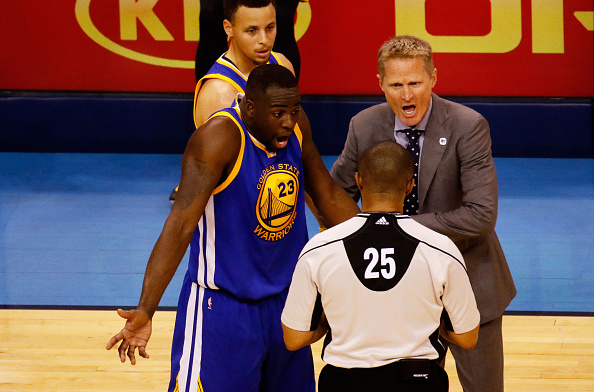 OKLAHOMA CITY, OK - MAY 22: Draymond Green #23 and head coach Steve Kerr of the Golden State Warriors argue a call with referee Tony Brothers #25 in the second quarter against the Oklahoma City Thunder in game three of the Western Conference Finals during the 2016 NBA Playoffs at Chesapeake Energy Arena on May 22, 2016 in Oklahoma City, Oklahoma. NOTE TO USER: User expressly acknowledges and agrees that, by downloading and or using this photograph, User is consenting to the terms and conditions of the Getty Images License Agreement. (Photo by J Pat Carter/Getty Images)