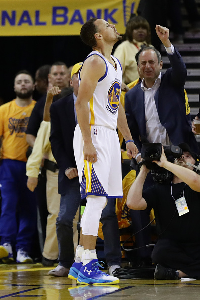 OAKLAND, CA - MAY 26: Stephen Curry #30 of the Golden State Warriors reacts to a play against the Oklahoma City Thunder during Game Five of the Western Conference Finals during the 2016 NBA Playoffs at ORACLE Arena on May 26, 2016 in Oakland, California. (Photo by Ezra Shaw/Getty Images)