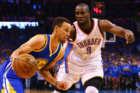 OKLAHOMA CITY, OK - MAY 28: Stephen Curry #30 of the Golden State Warriors drives against Serge Ibaka #9 of the Oklahoma City Thunder during the fourth quarter in game six of the Western Conference Finals during the 2016 NBA Playoffs at Chesapeake Energy Arena on May 28, 2016 in Oklahoma City, Oklahoma. NOTE TO USER: User expressly acknowledges and agrees that, by downloading and or using this photograph, User is consenting to the terms and conditions of the Getty Images License Agreement. (Photo by Maddie Meyer/Getty Images)