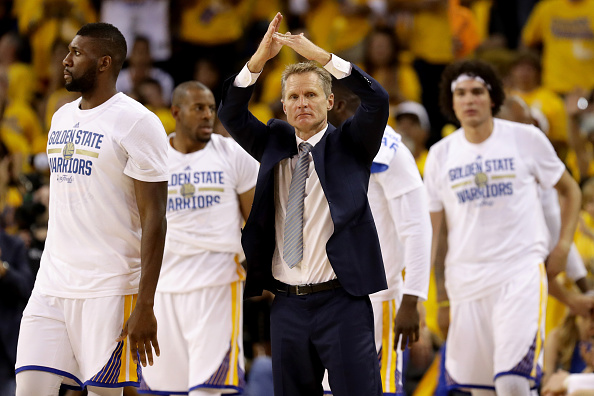 OAKLAND, CA - JUNE 05: Steve Kerr of the Golden State Warriors calls timeout during Game 2 of the 2016 NBA Finals against the Cleveland Cavaliers at ORACLE Arena on June 5, 2016 in Oakland, California. NOTE TO USER: User expressly acknowledges and agrees that, by downloading and or using this photograph, User is consenting to the terms and conditions of the Getty Images License Agreement. (Photo by Ezra Shaw/Getty Images)