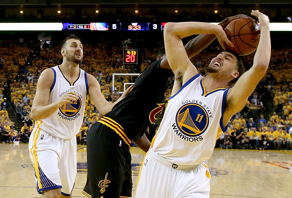 OAKLAND, CA - JUNE 13: Tristan Thompson #13 of the Cleveland Cavaliers blocks a shot by Klay Thompson #11 of the Golden State Warriors during the first quarter in Game 5 of the 2016 NBA Finals at ORACLE Arena on June 13, 2016 in Oakland, California. NOTE TO USER: User expressly acknowledges and agrees that, by downloading and or using this photograph, User is consenting to the terms and conditions of the Getty Images License Agreement. (Photo by Bob Donnan - Pool/Getty Images)