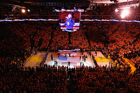 OAKLAND, CA - JUNE 19: A general view of ORACLE Arena as singer Aloe Blacc performs the national anthem prior to Game 7 of the 2016 NBA Finals between the Cleveland Cavaliers and the Golden State Warriors on June 19, 2016 in Oakland, California. NOTE TO USER: User expressly acknowledges and agrees that, by downloading and or using this photograph, User is consenting to the terms and conditions of the Getty Images License Agreement. (Photo by Ezra Shaw/Getty Images)