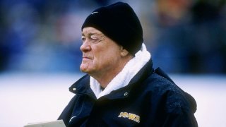 Head coach Hayden Fry of the University of Iowa during the Hawkeyes 15-14 loss to Northwestern at Ryan Field in Evanston, Illinois on Nov. 15, 1997.