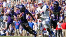 TCU Horned Frogs wide receiver Jalen Reagor (1) is chased by Southern Methodist Mustangs cornerback Robert Hayes Jr. (7) during the game between the TCU Horned Frogs and SMU Mustangs on September 21, 2019 at Amon G. Carter Stadium in Fort Worth, Texas.