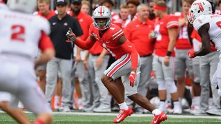 Jeff Okudah #1 of the Ohio State Buckeyes defends against the Florida Atlantic Owls at Ohio Stadium on August 31, 2019 in Columbus, Ohio.