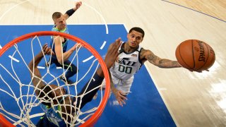 Jordan Clarkson #00 of the Utah Jazz shoots the ball against the Dallas Mavericks on Feb. 10, 2020 at the American Airlines Center in Dallas, Texas.