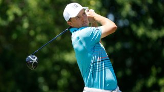 Jordan Spieth of the United States plays his shot from the ninth tee during the third round of the Charles Schwab Challenge on June 13, 2020 at Colonial Country Club in Fort Worth, Texas.