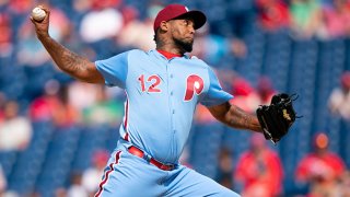 Juan Nicasio #12 of the Philadelphia Phillies throws a pitch in the top of the ninth inning against the San Francisco Giants at Citizens Bank Park on Aug. 1, 2019 in Philadelphia, Pennsylvania.