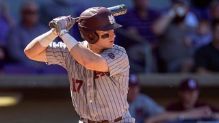 Mississippi State Bulldogs infielder Justin Foscue (17) bats during a baseball game between the Mississippi State Bulldogs and the LSU Tigers on March 31, 2018 at Alex Box Stadium in Baton Rouge, Louisiana.