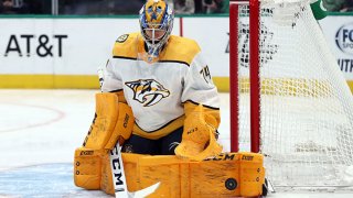 Juuse Saros #74 of the Nashville Predators makes a pad save against the Dallas Stars in the first period at American Airlines Center on March 7, 2020 in Dallas, Texas.