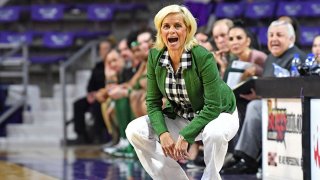 Head coach Kim Mulkey of the Baylor Lady Bears calls out instructions to her players during the third quarter against the Kansas State Wildcats on Feb. 8, 2020 at Bramlage Coliseum in Manhattan, Kansas.