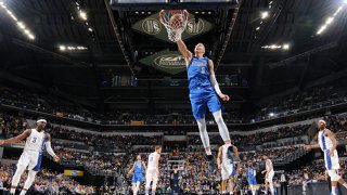 Kristaps Porzingis #6 of the Dallas Mavericks dunks the ball during the game against the Indiana Pacers on Feb. 3, 2020 at Bankers Life Fieldhouse in Indianapolis, Indiana.