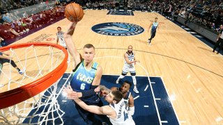 Kristaps Porzingis #6 of the Dallas Mavericks drives to the basket during a game against the Minnesota Timberwolves on March 1, 2020 at Target Center in Minneapolis, Minnesota.