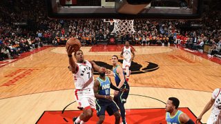 Kyle Lowry #7 of the Toronto Raptors drives to the basket against the Dallas Mavericks on Dec. 22, 2019 at the Scotiabank Arena in Toronto, Ontario, Canada.