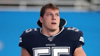 Leighton Vander Esch #55 of the Dallas Cowboys looks on before the game against the Detroit Lions at Ford Field on November 17, 2019 in Detroit, Michigan. The Cowboys defeated the Lions 35-27.
