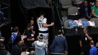 Luka Doncic #77 of the Dallas Mavericks leaves the game in the first half against the Miami Heat at American Airlines Center on Dec. 14, 2019 in Dallas, Texas.