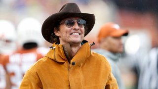 Actor Matthew McConaughey watches on the Texas Longhorns sideline in the second half against the Texas Tech Red Raiders at Darrell K Royal-Texas Memorial Stadium on November 29, 2019 in Austin, Texas.