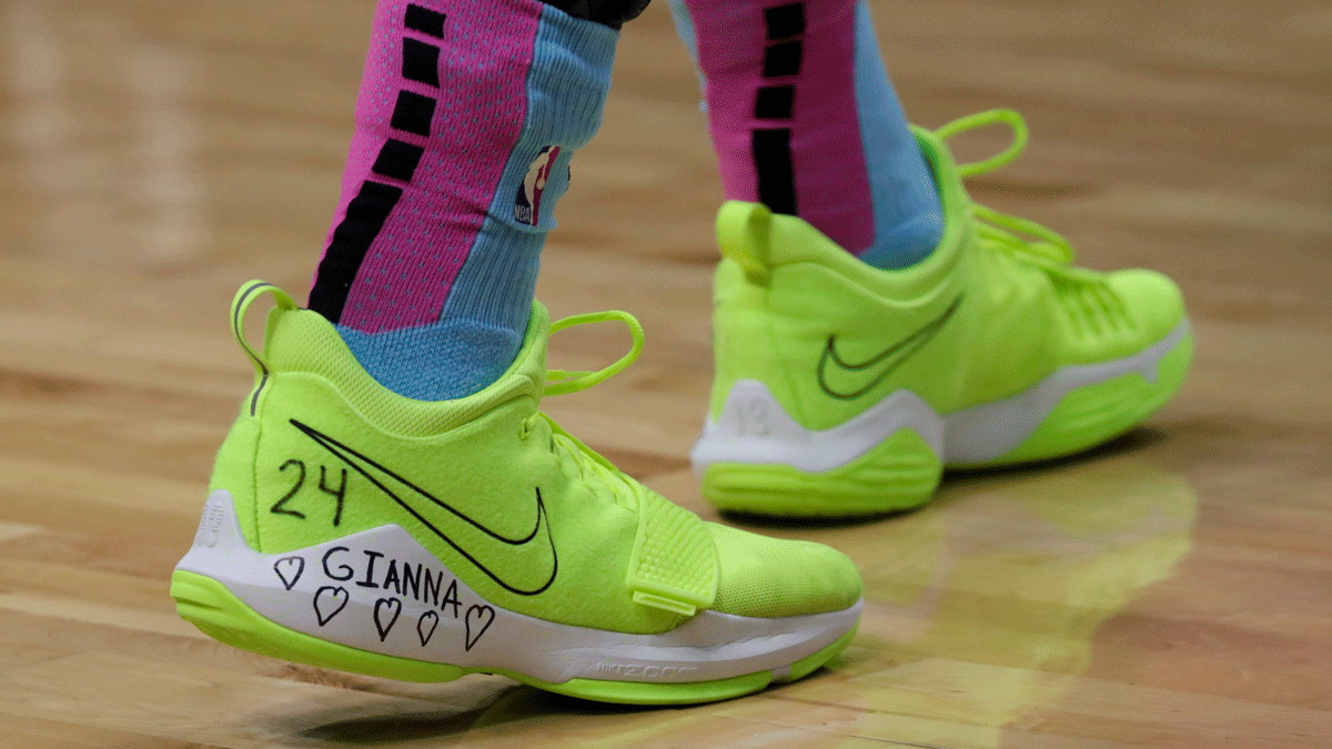 A detail of Tyler Herro of the Miami Heat shoes honoring Gianna