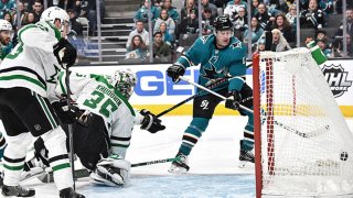 Patrick Marleau #12 of the San Jose Sharks scores a goal against the Dallas Stars at SAP Center on Jan. 11, 2020 in San Jose, California.
