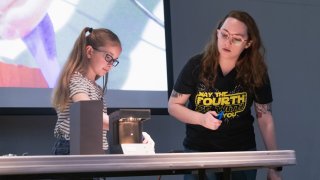 woman and girl performing presentation at perot museum