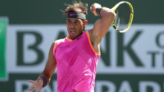 Rafael Nadal of Spain returns a shot to Karen Khachanov of Russia during the quarterfinals of the BNP Paribas Open at the Indian Wells Tennis Garden on March 15, 2019 in Indian Wells, California.