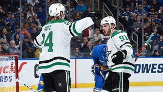 Roope Hintz #24 of the Dallas Stars is congratulated after scoring a goal against the St. Louis Blues at Enterprise Center on Feb. 8, 2020 in St. Louis, Missouri.